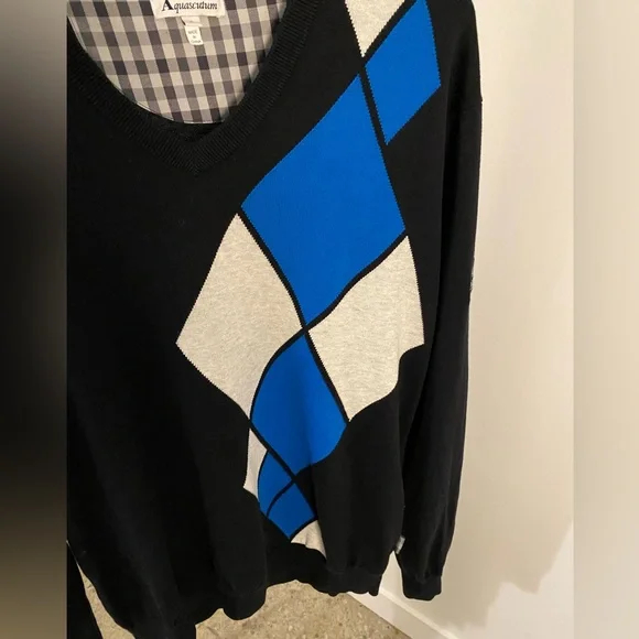 AQUASCUTUM Men’s Argyle Cotton Knit V-Neck Golf Sweater Black Blue XL - Picture 2 of 7